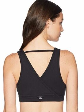 ALO Yoga Black Ribbed Crossover Strappy Sports Bra